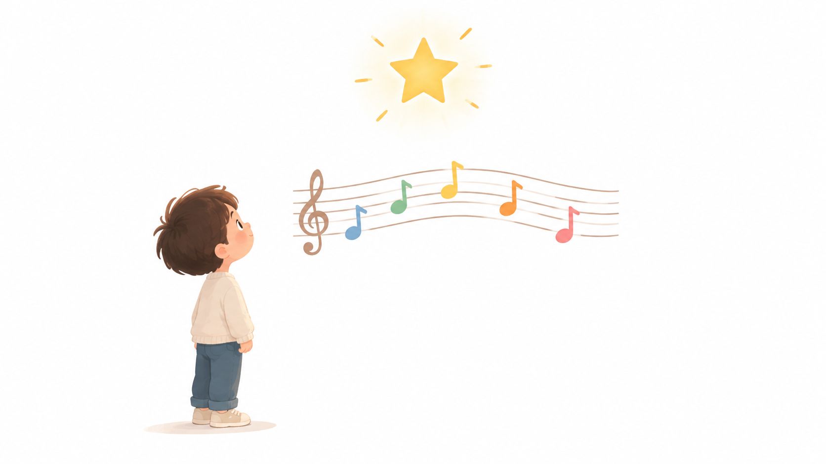 An illustration of a young boy looking up at a glowing yellow star and musical notes.