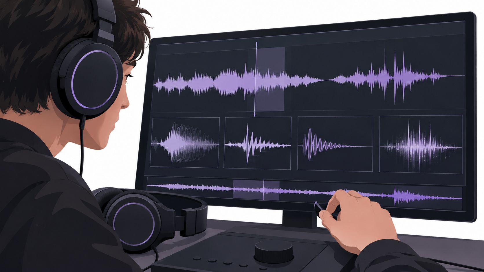 A digital artist wearing headphones uses a stylus to edit audio waveforms on a computer monitor.