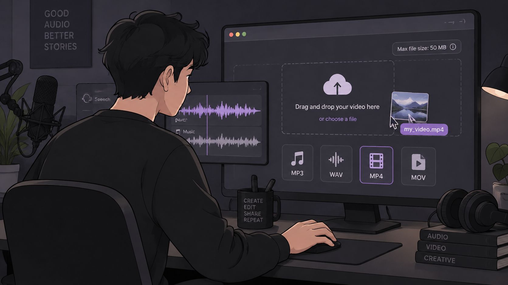 A digital artist working on a computer editing audio and video files in a dark room.