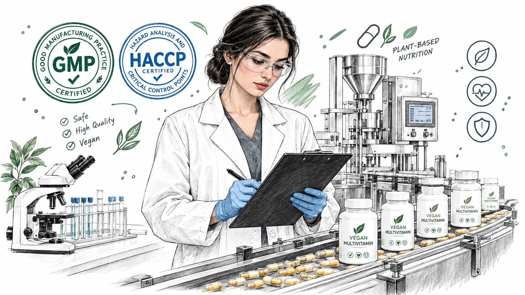 A professional researcher inspecting the quality-controlled production line of vegan multivitamin capsules in a clean facility.