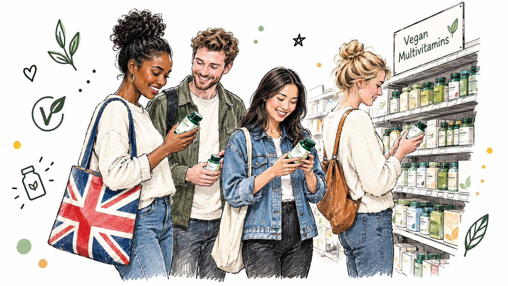 A diverse group of friends smiling while shopping for vegan multivitamins at a health food store.