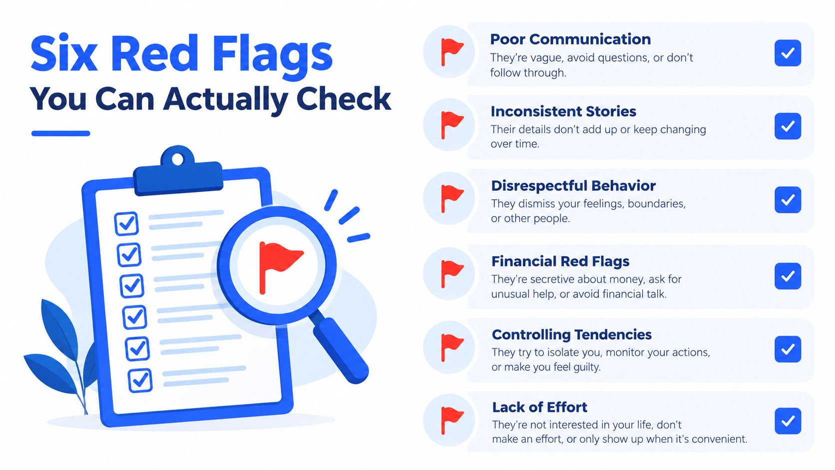 An infographic titled Six Red Flags You Can Actually Check, listing six common warning signs in relationships.