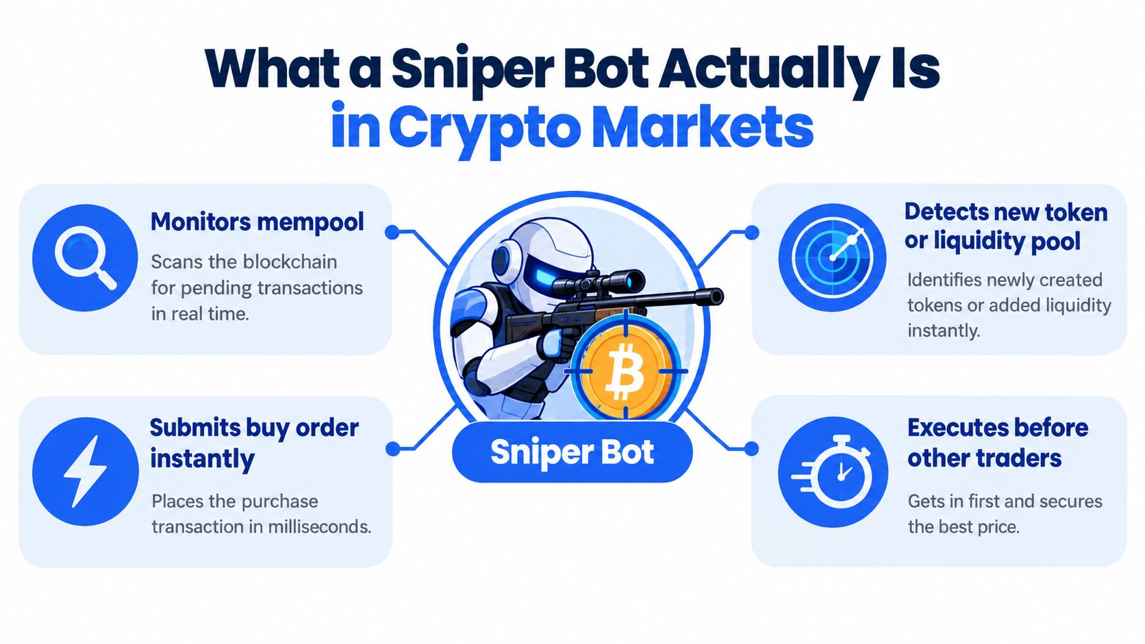 A diagram explaining how a crypto sniper bot monitors the mempool to execute trades faster than others.