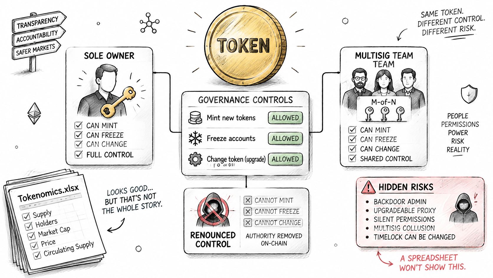 A diagram comparing token governance models including sole owner, multisig, and renounced control with associated risk factors.