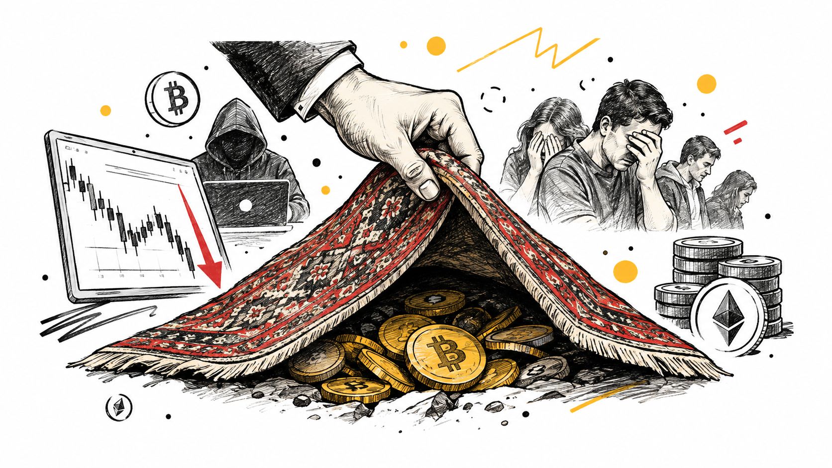 A hand pulling back a patterned rug to reveal stolen Bitcoin and cryptocurrency, depicting a rug pull scam.