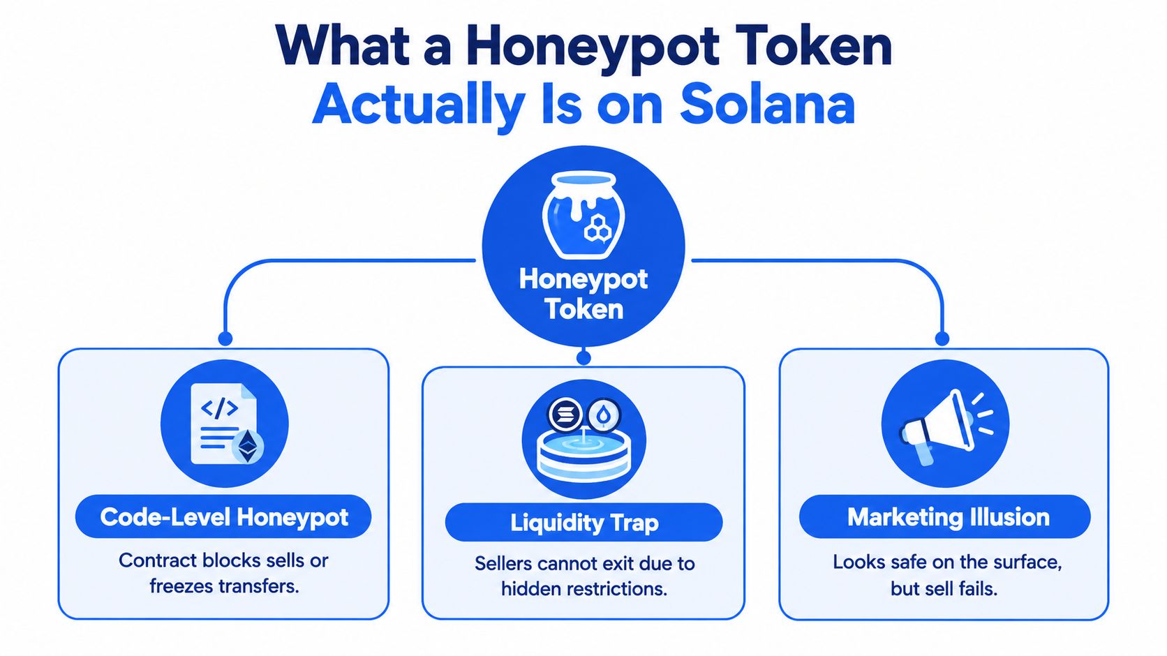 A diagram explaining three common types of cryptocurrency honeypot scams occurring on the Solana blockchain network.