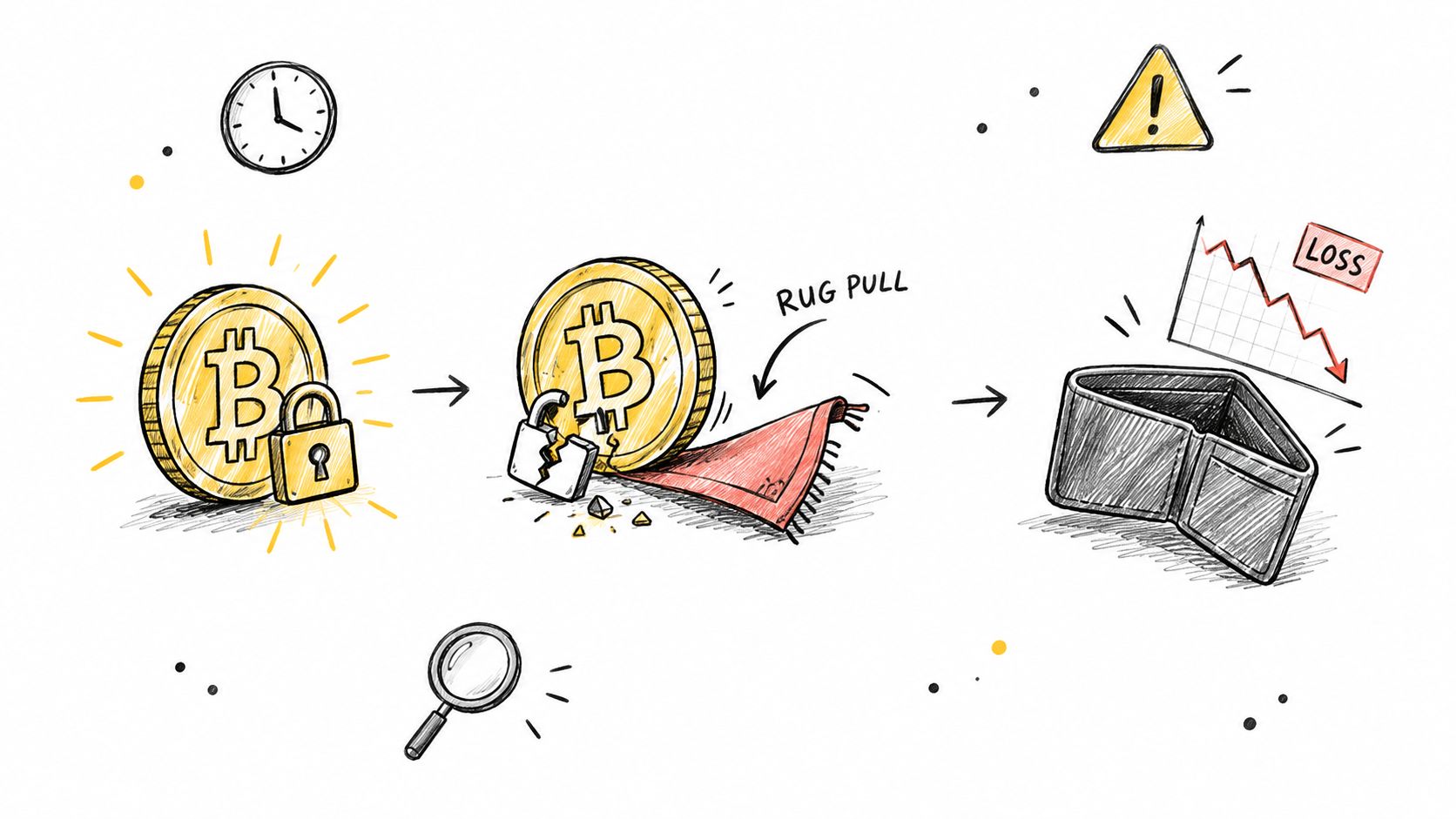 A conceptual illustration showing a Bitcoin coin being stolen via a rug pull, resulting in financial loss.