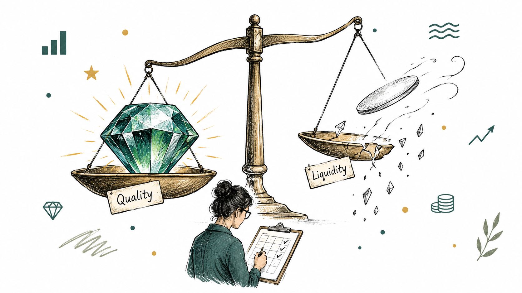 A professional analyzing a scale balancing high-quality assets against fluctuating market liquidity in a financial illustration.