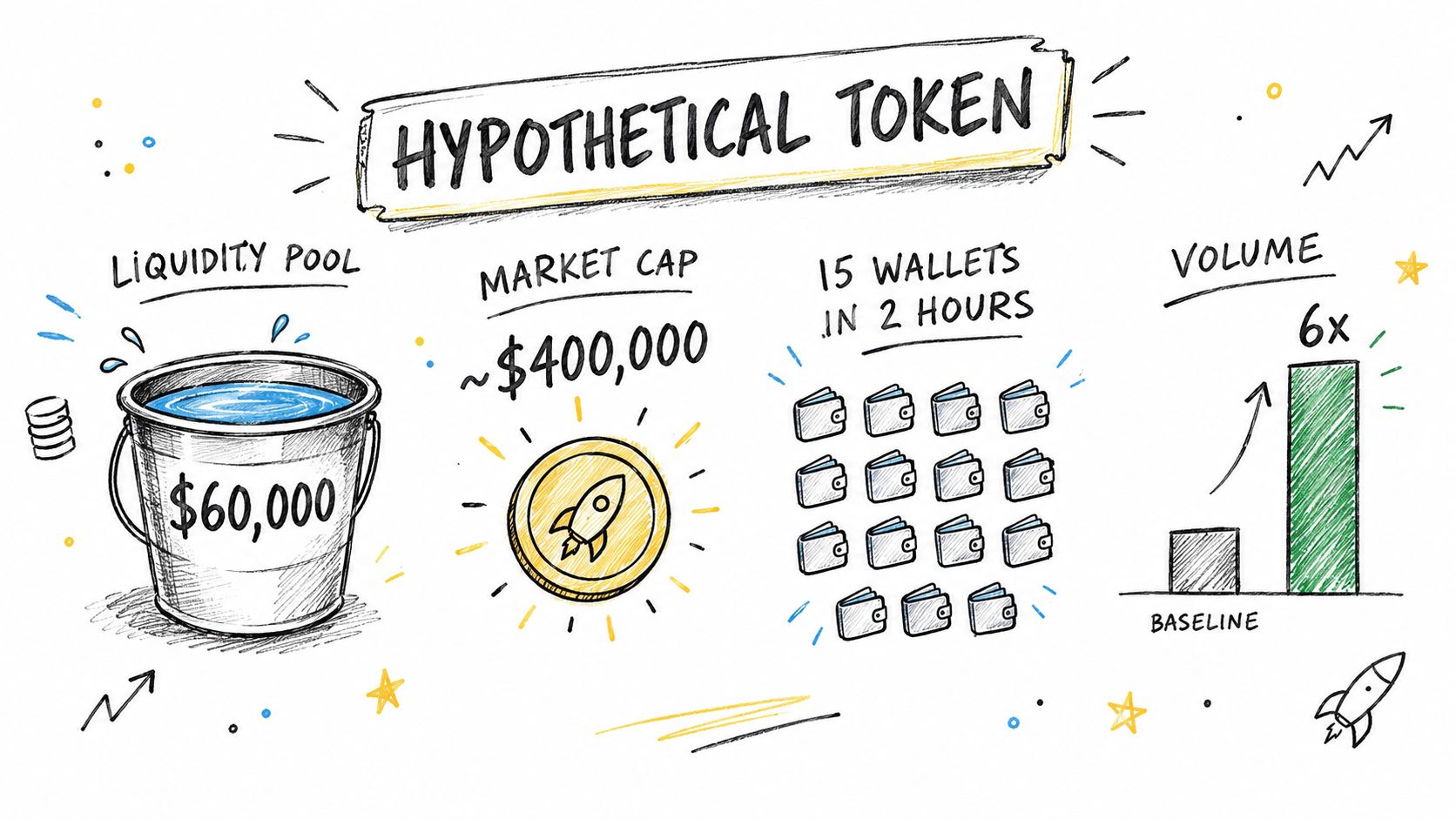 An infographic titled Hypothetical Token illustrating crypto metrics including liquidity pool, market cap, wallet count, and volume.