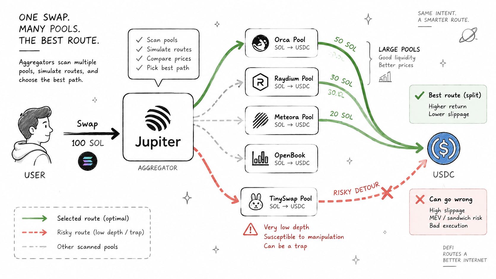 A diagram explaining how a crypto aggregator like Jupiter routes a swap across multiple liquidity pools.