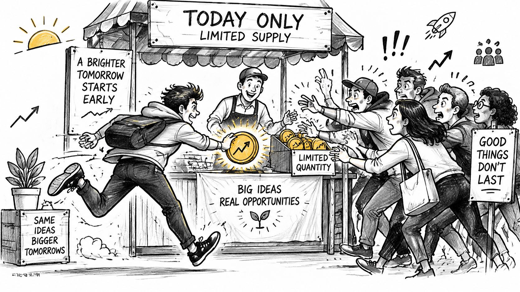A group of people rushing to a stall to obtain limited supply investment coins, illustrating market FOMO.