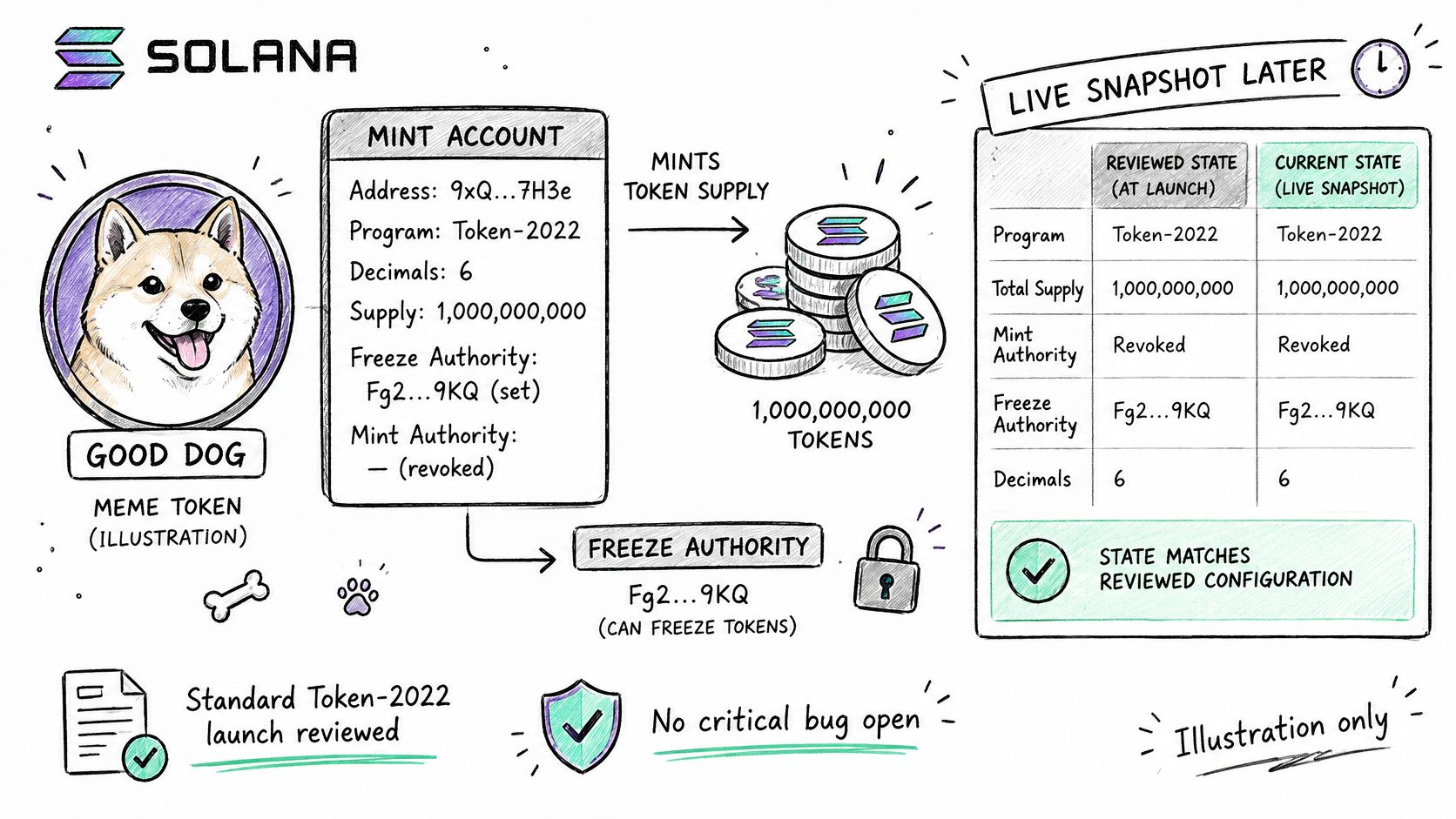 An infographic illustration demonstrating a Solana token audit showing mint account details and live state snapshot verification.