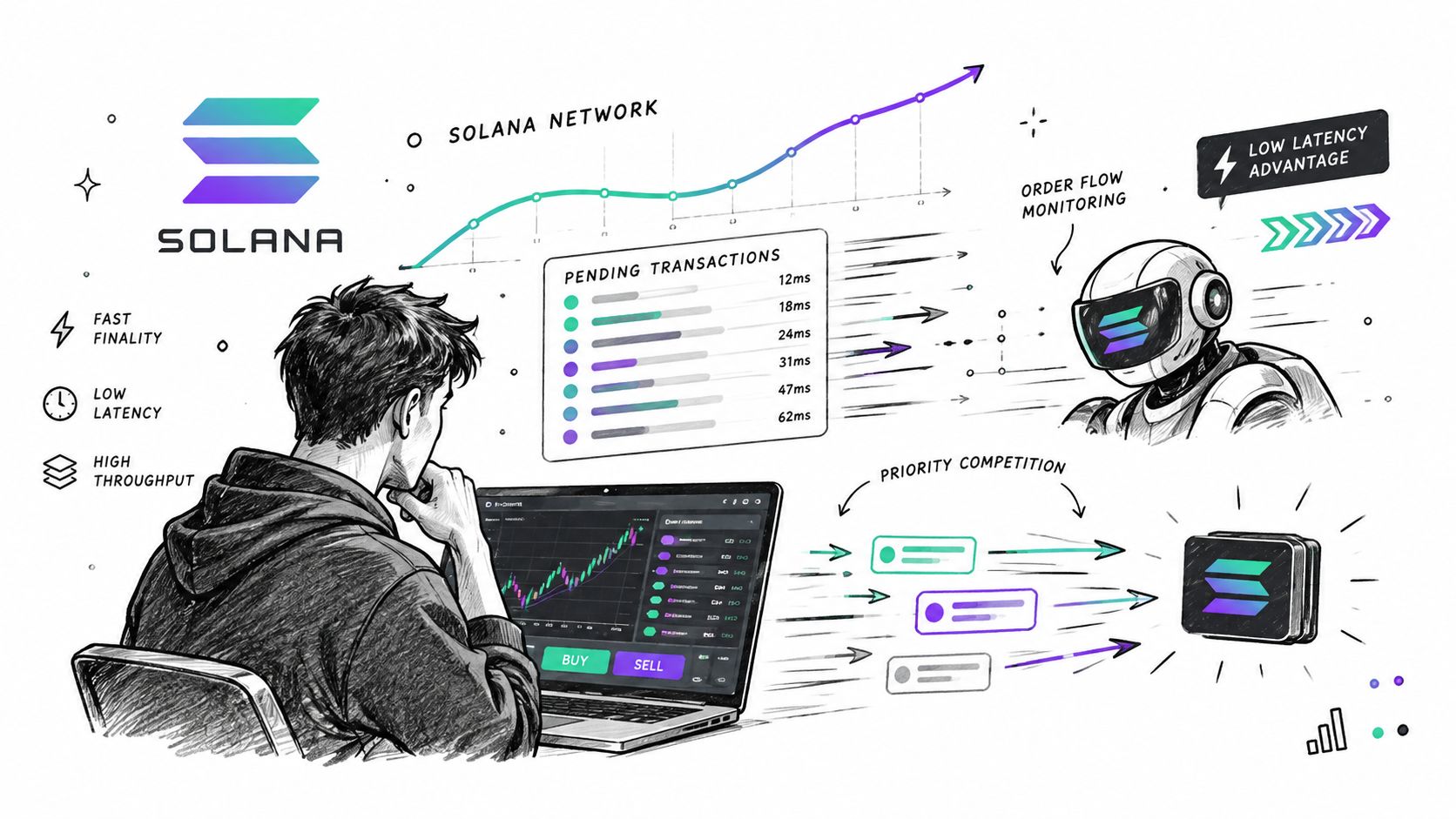 A digital illustration showing a person trading cryptocurrency while a bot performs front running on Solana.