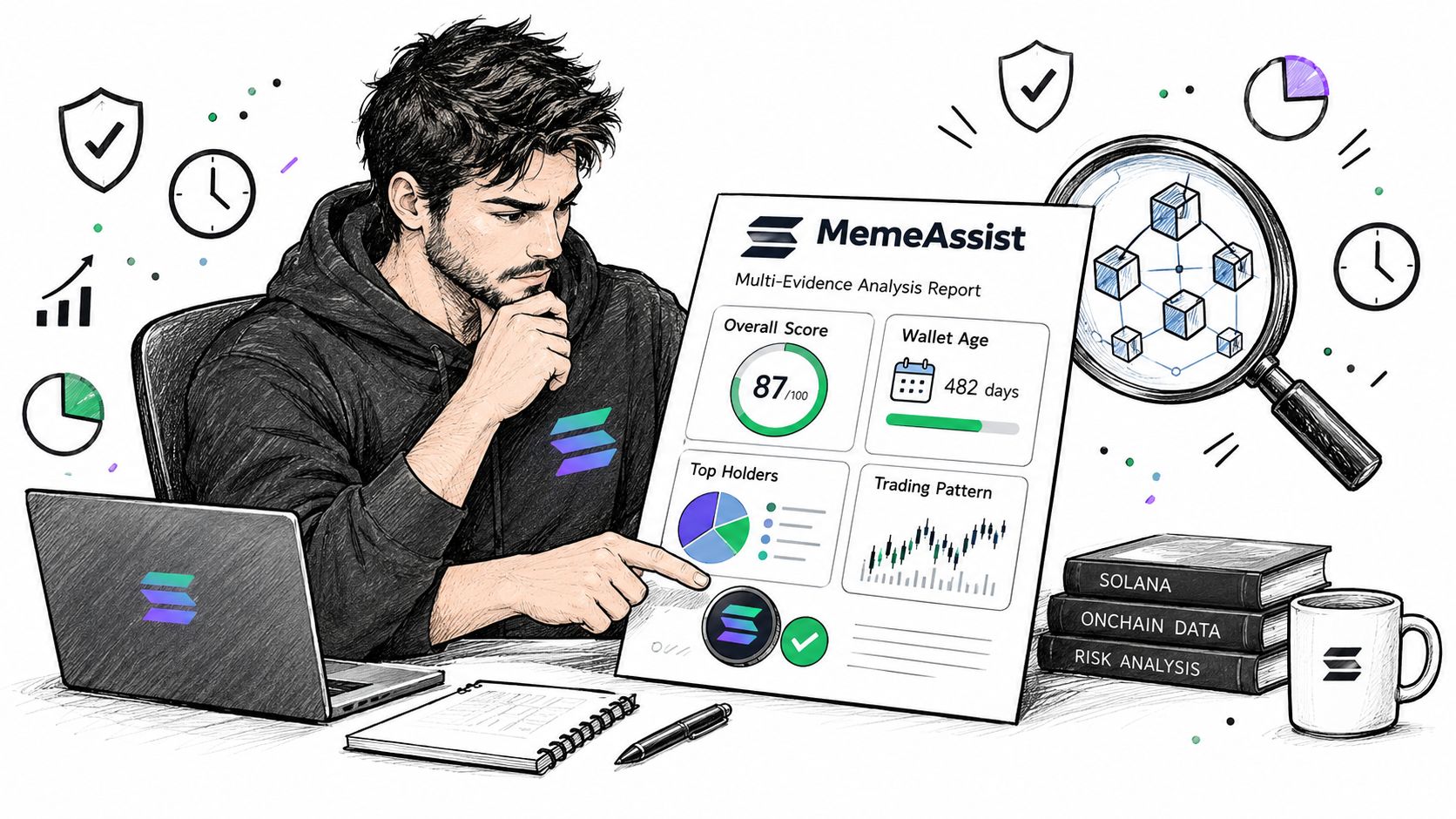 A person analyzing a MemeAssist Solana multi-evidence crypto report on a digital dashboard screen.