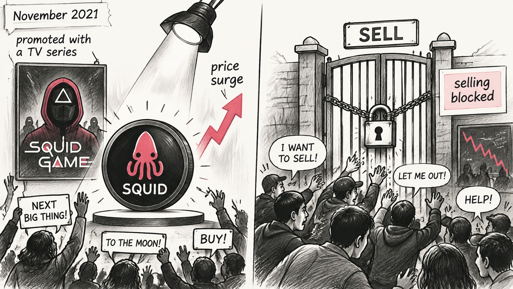 Illustration showing a SQUID token scam where investors are lured in and then trapped from selling.
