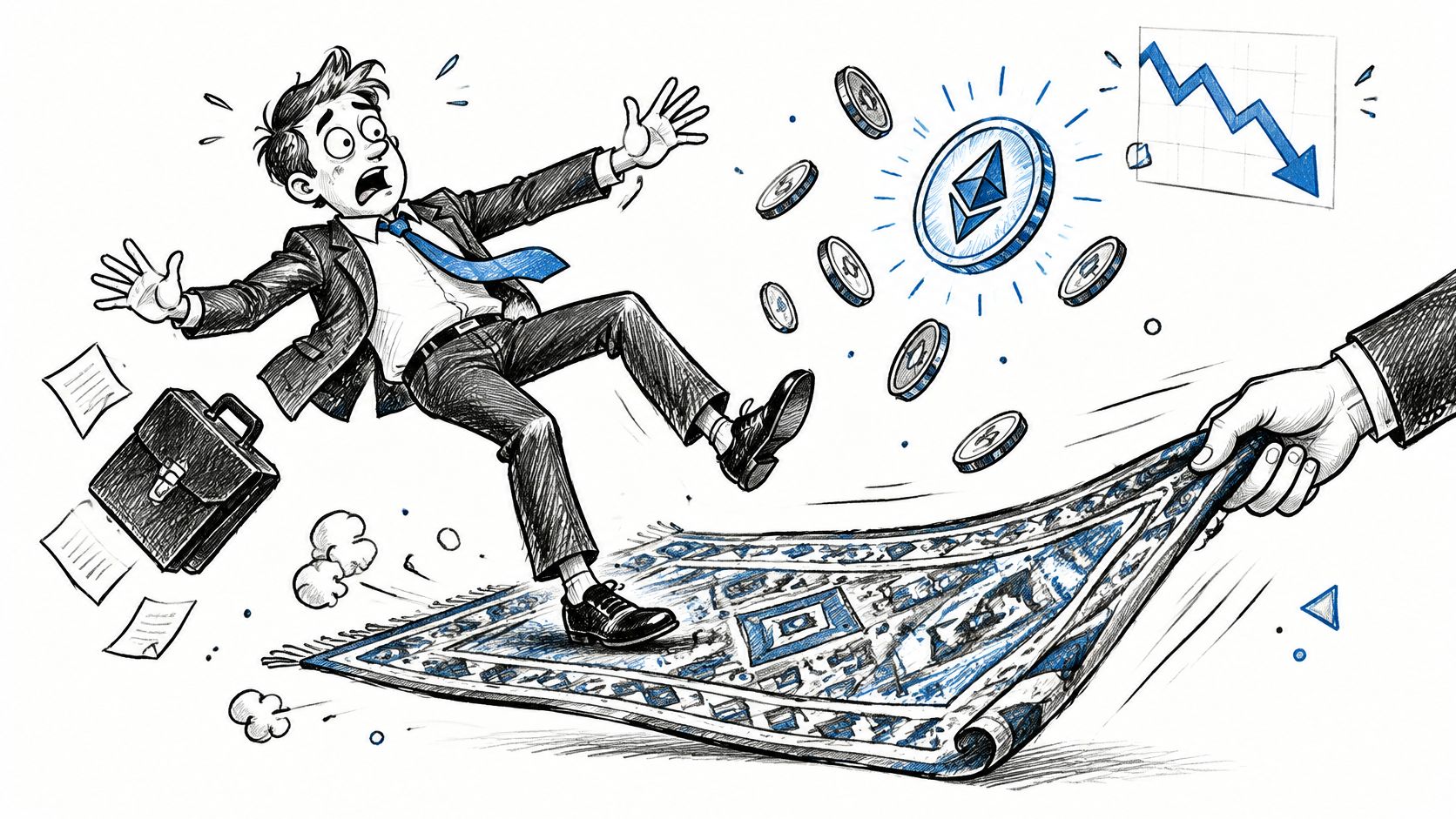 A businessman falling after a hand pulls a rug from underneath him, symbolizing a cryptocurrency rug pull scam.