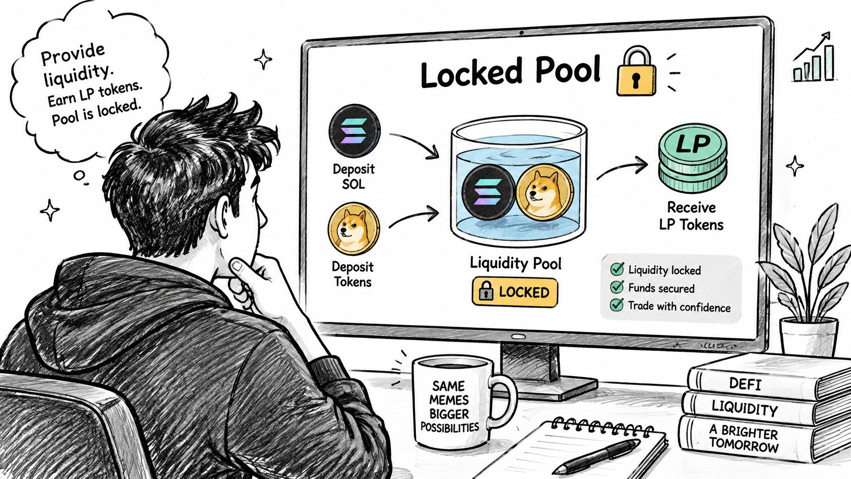 A person looking at a computer screen illustration explaining how locked liquidity pools work with cryptocurrency tokens.