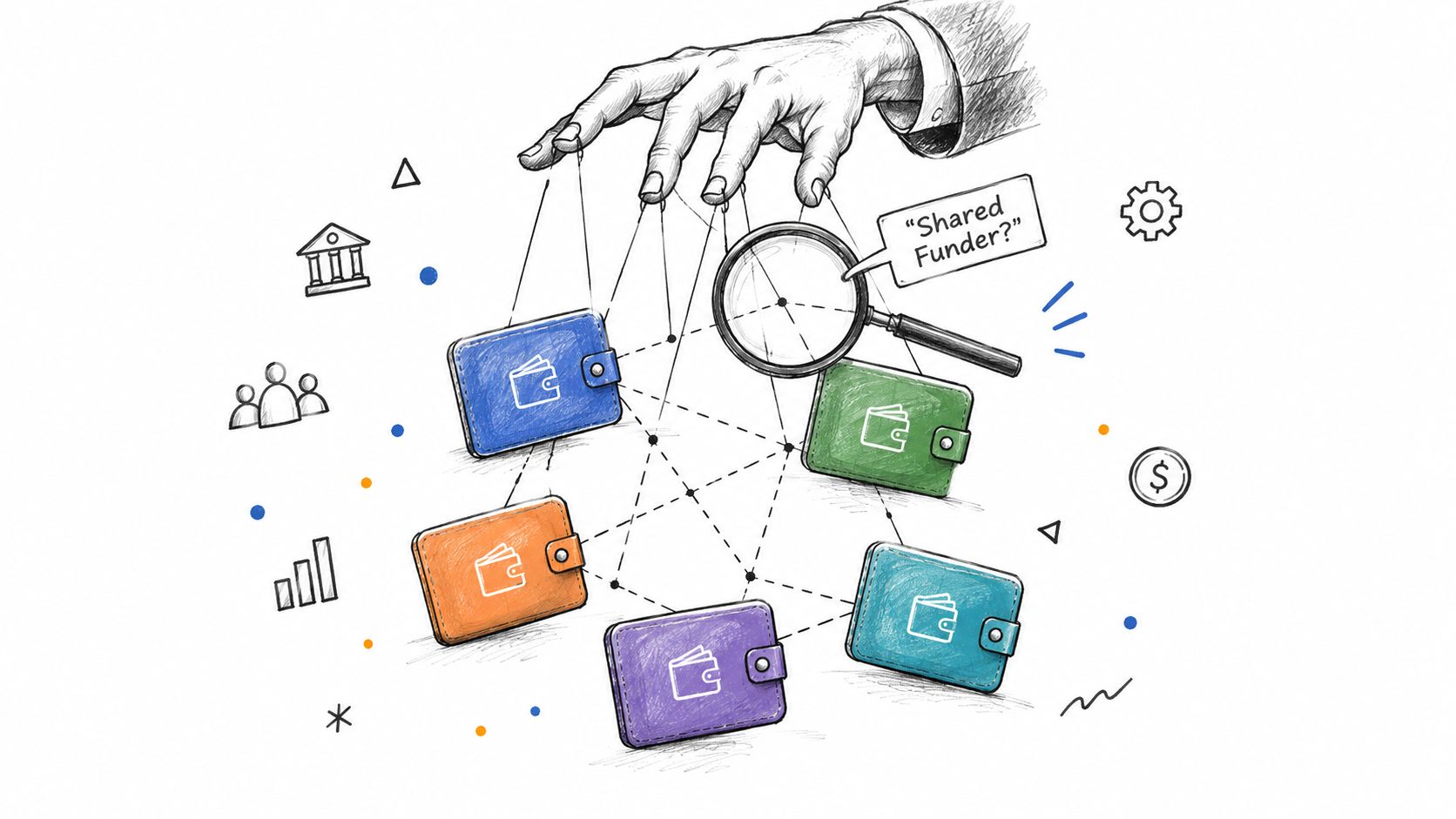 A hand pulling strings on colorful digital wallets as a magnifying glass analyzes their connections and funding.