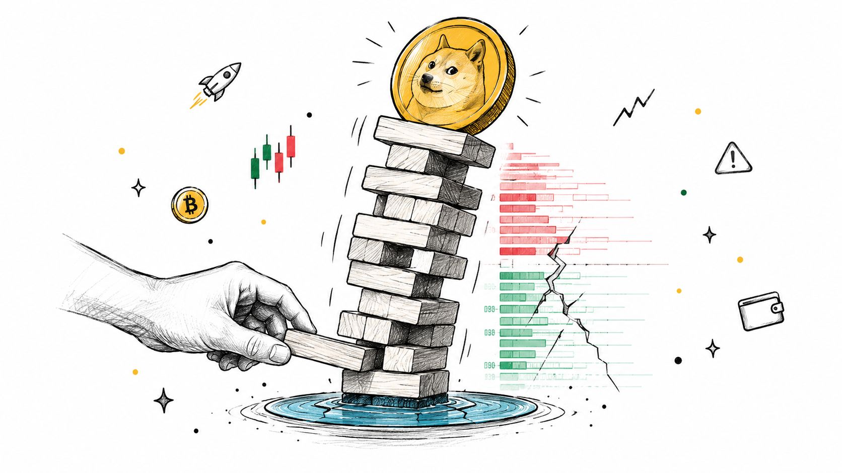 A hand pulling a wooden block from a Jenga tower topped with a Dogecoin, symbolizing cryptocurrency market instability.