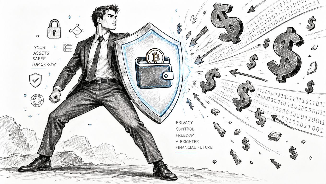 A professional man holding a shield protecting a Bitcoin wallet from a storm of digital dollar signs.