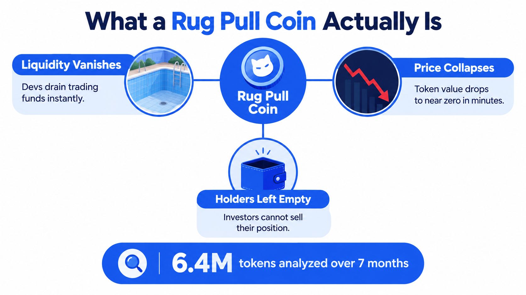 An infographic titled What a Rug Pull Coin Actually Is, showing liquidity drains, price collapses, and empty wallets.