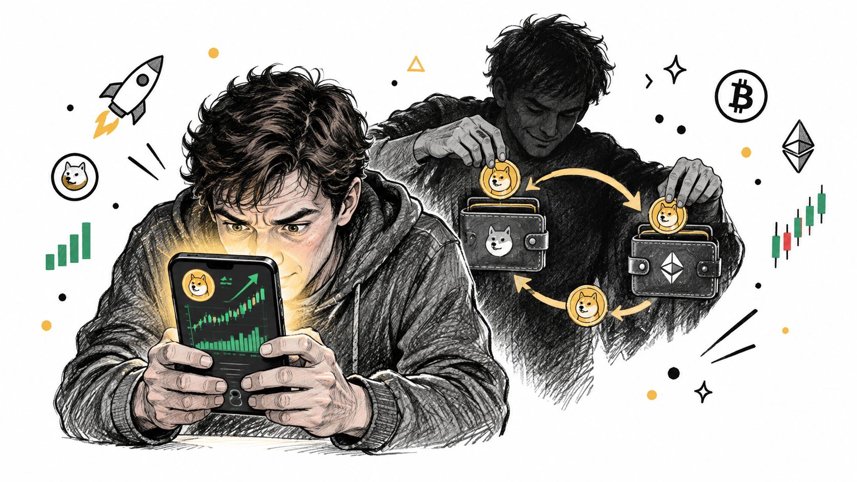 A digital illustration showing a person monitoring crypto trades on a phone with wallet exchange visuals.