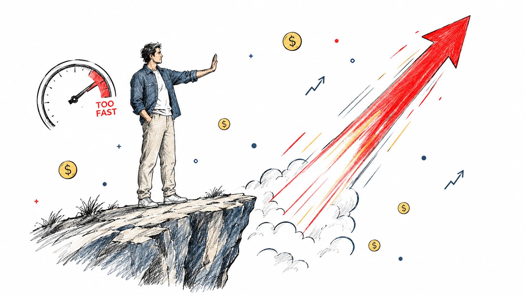 A man standing on a cliff edge signaling stop next to a speedometer labeled too fast