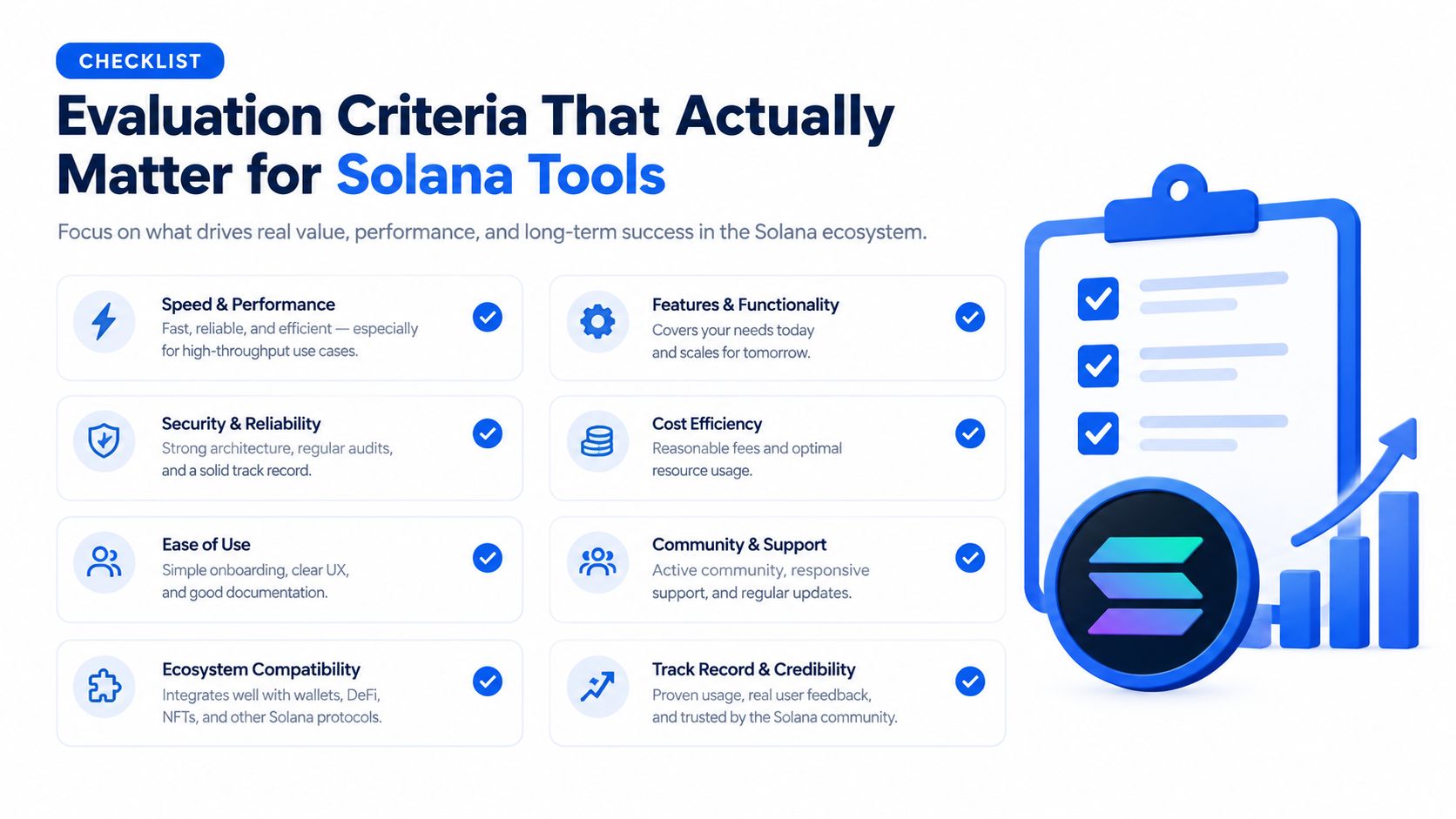 A checklist infographic detailing the key criteria for evaluating tools within the Solana blockchain ecosystem.
