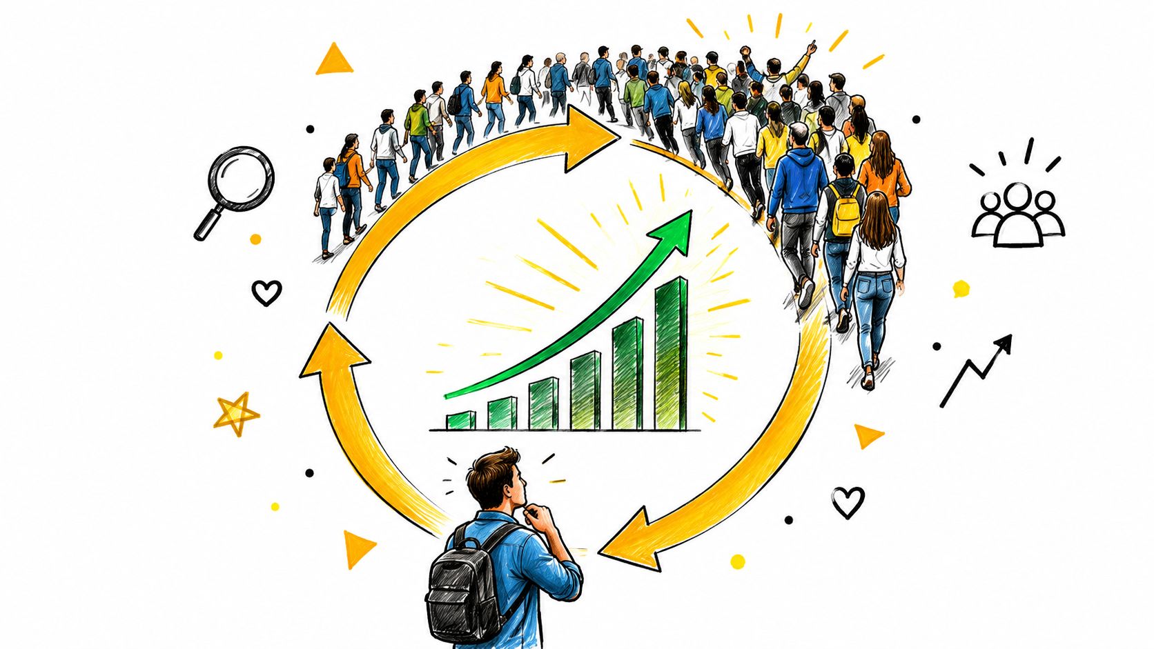 A student with a backpack observing a circular flow of people moving toward a growing bar graph.