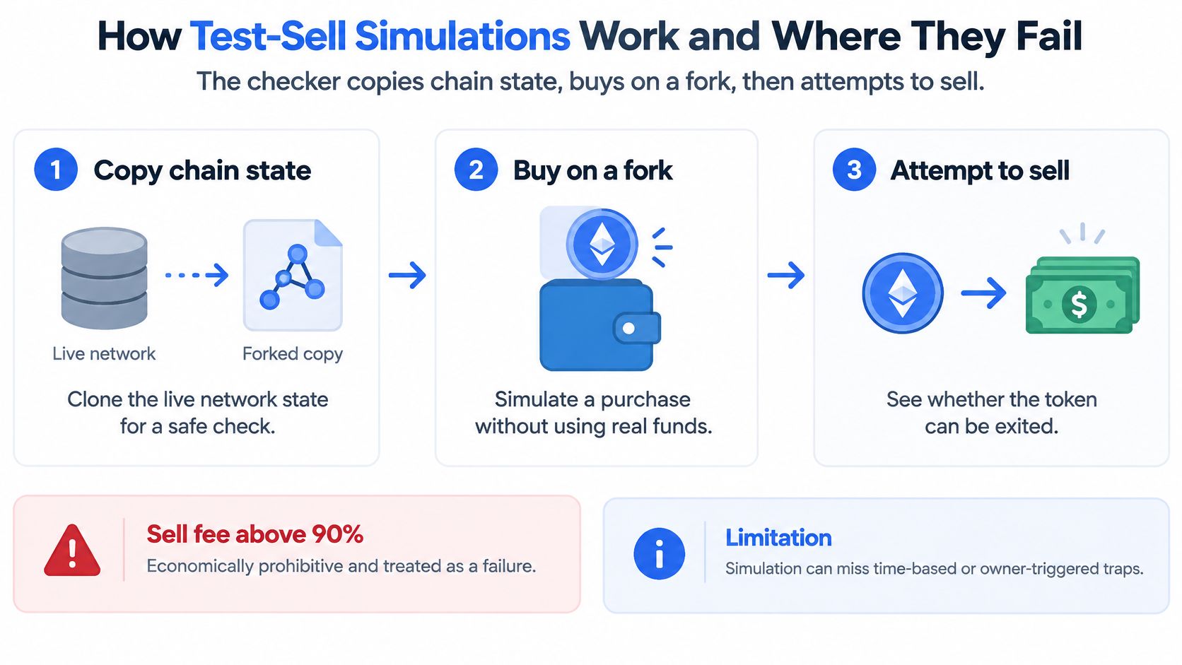 A diagram explaining how test-sell simulations identify potential honeypot crypto tokens by analyzing trade viability on forks.