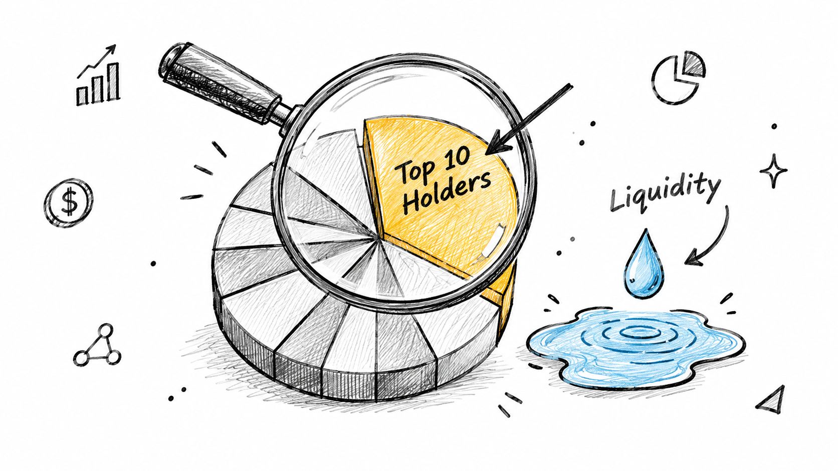 A hand-drawn illustration showing a magnifying glass over a pie chart segment labeled Top 10 Holders.