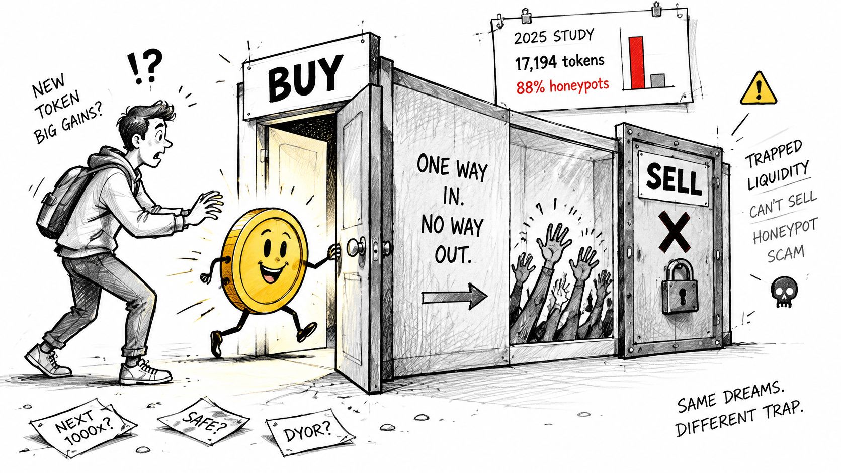 A person lured by a cheerful coin into a scam trap representing a cryptocurrency honeypot scheme.