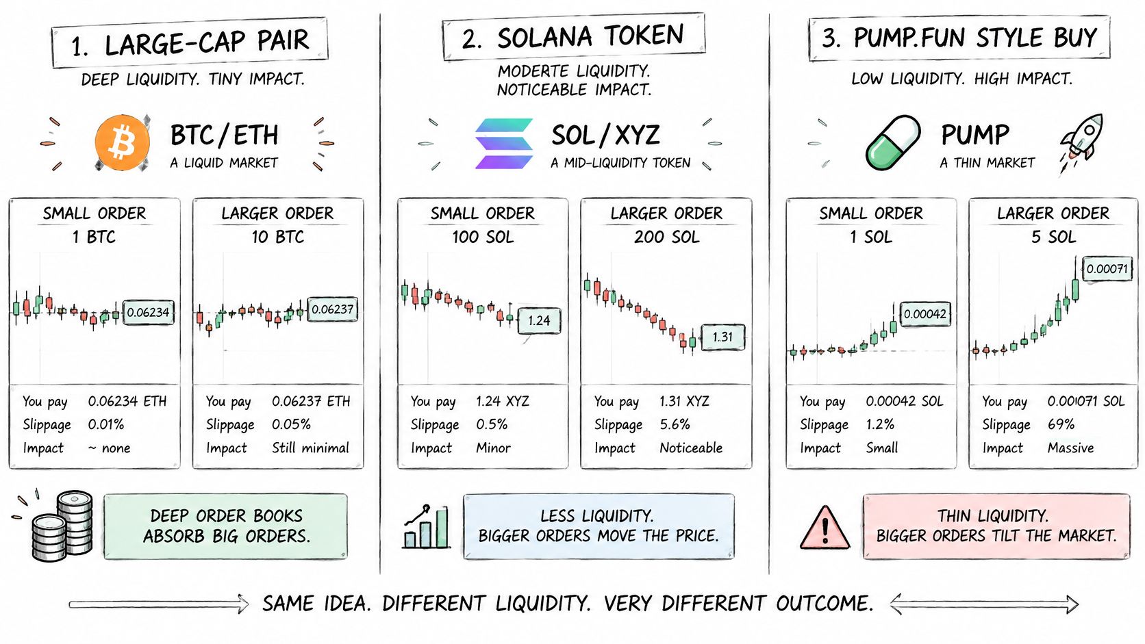 A diagram explaining how different levels of market liquidity affect price slippage and impact for crypto trades.