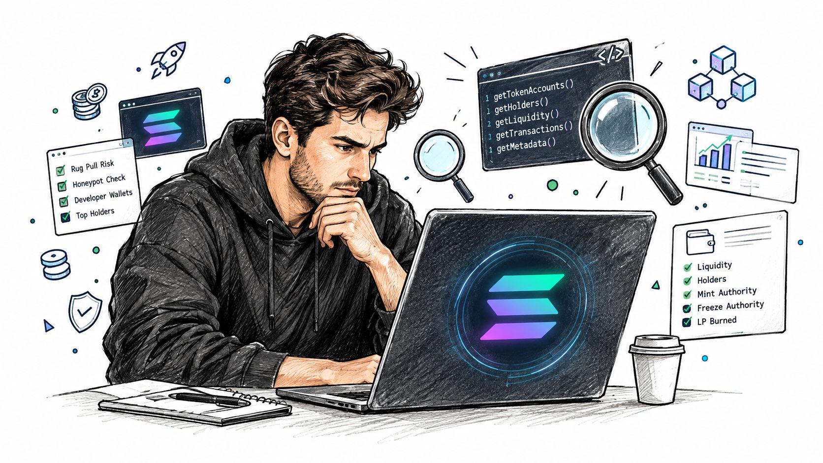 A focused developer analyzing cryptocurrency token data on a laptop, surrounded by security check icons and code.