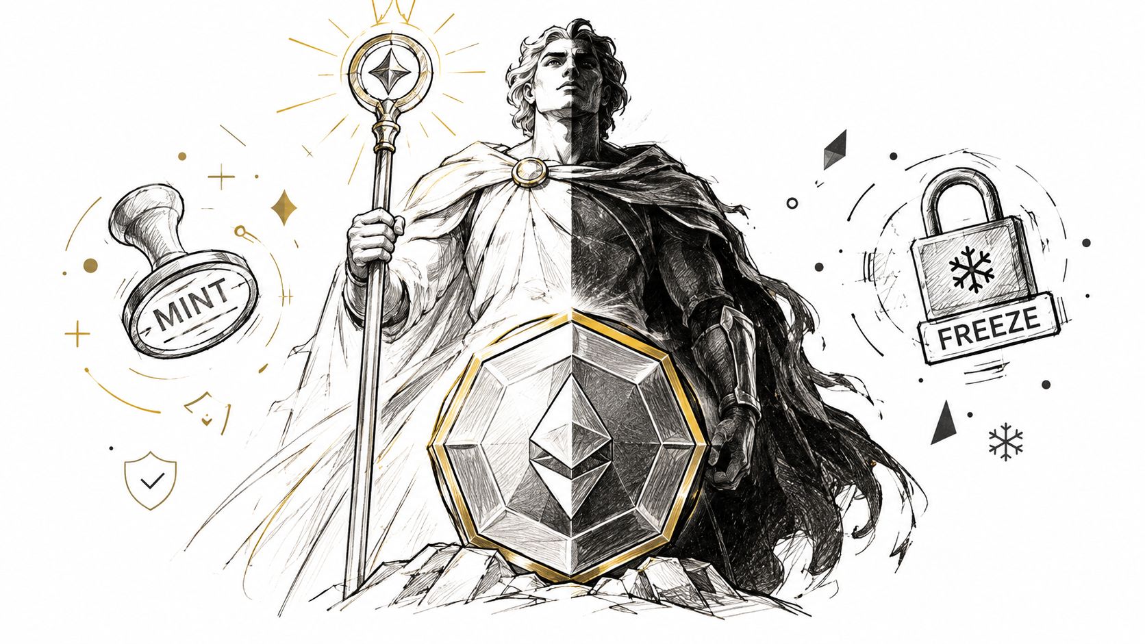 A dual-toned artistic illustration of a warrior figure balancing minting and freezing functions in a cryptocurrency context.