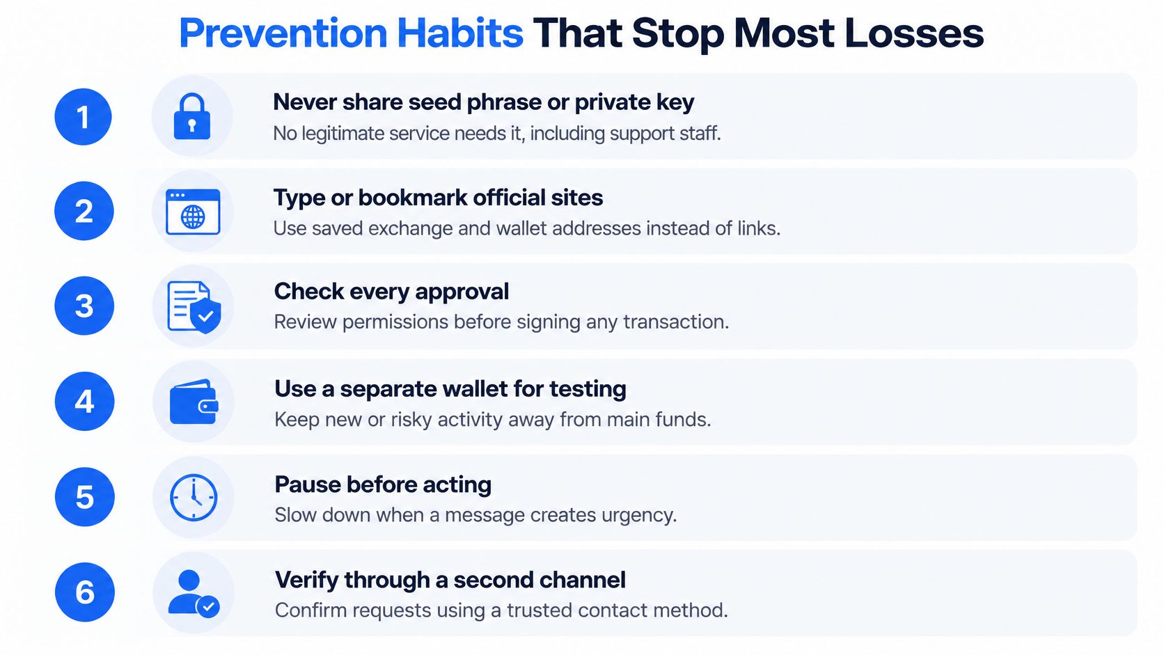 A list of six security habits to prevent cryptocurrency losses, including wallet safety and verification tips.