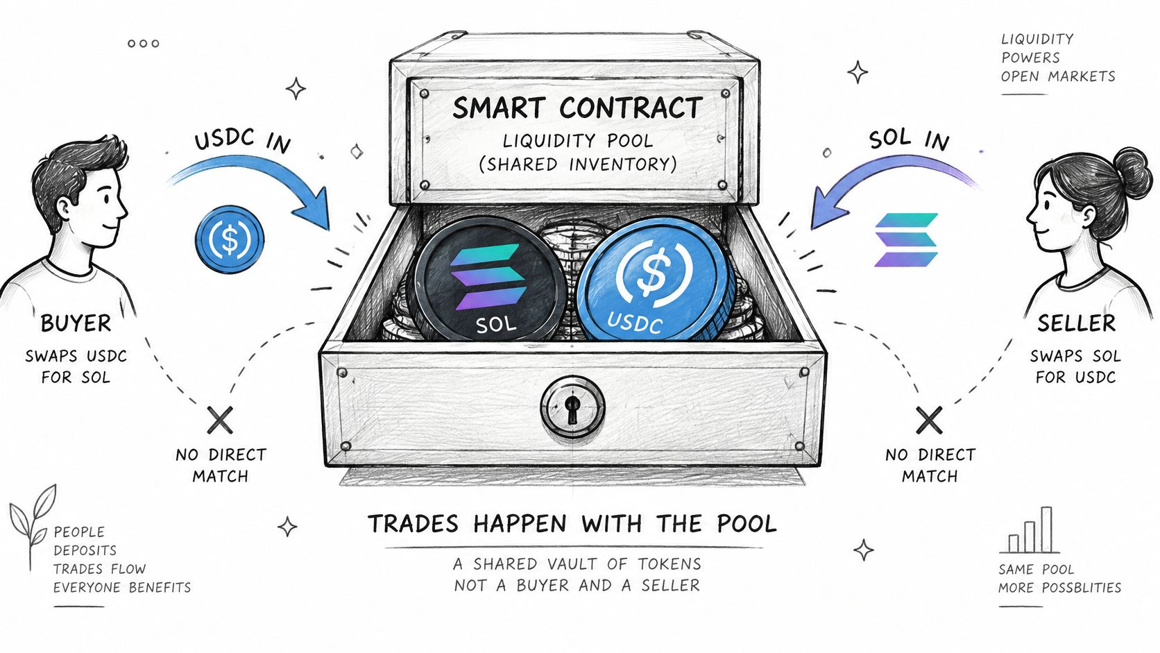 An illustration showing a crypto liquidity pool, where a buyer and seller swap tokens with a shared vault.