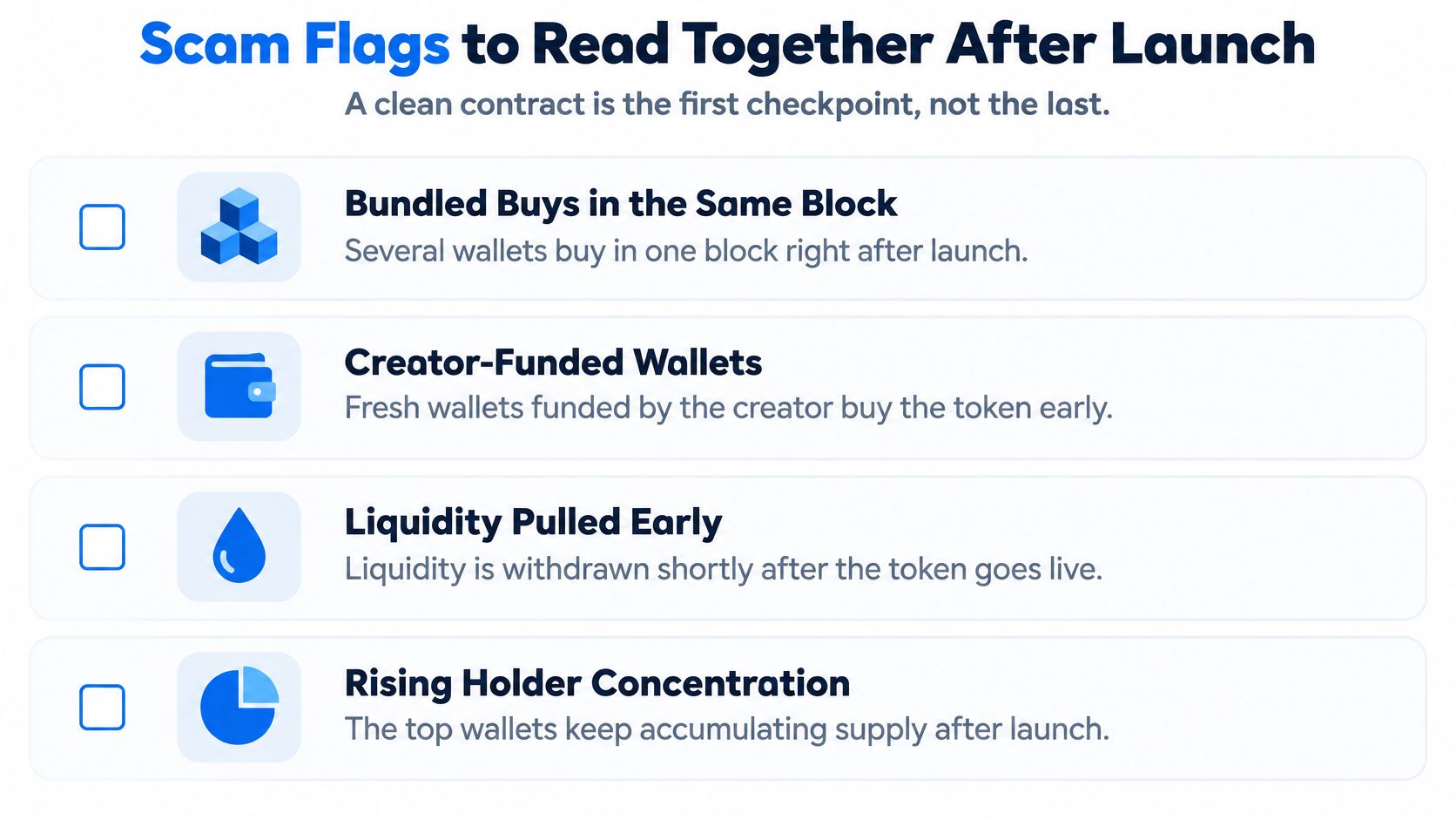 A checklist infographic titled Scam Flags, listing common red flags for new cryptocurrency token launches.
