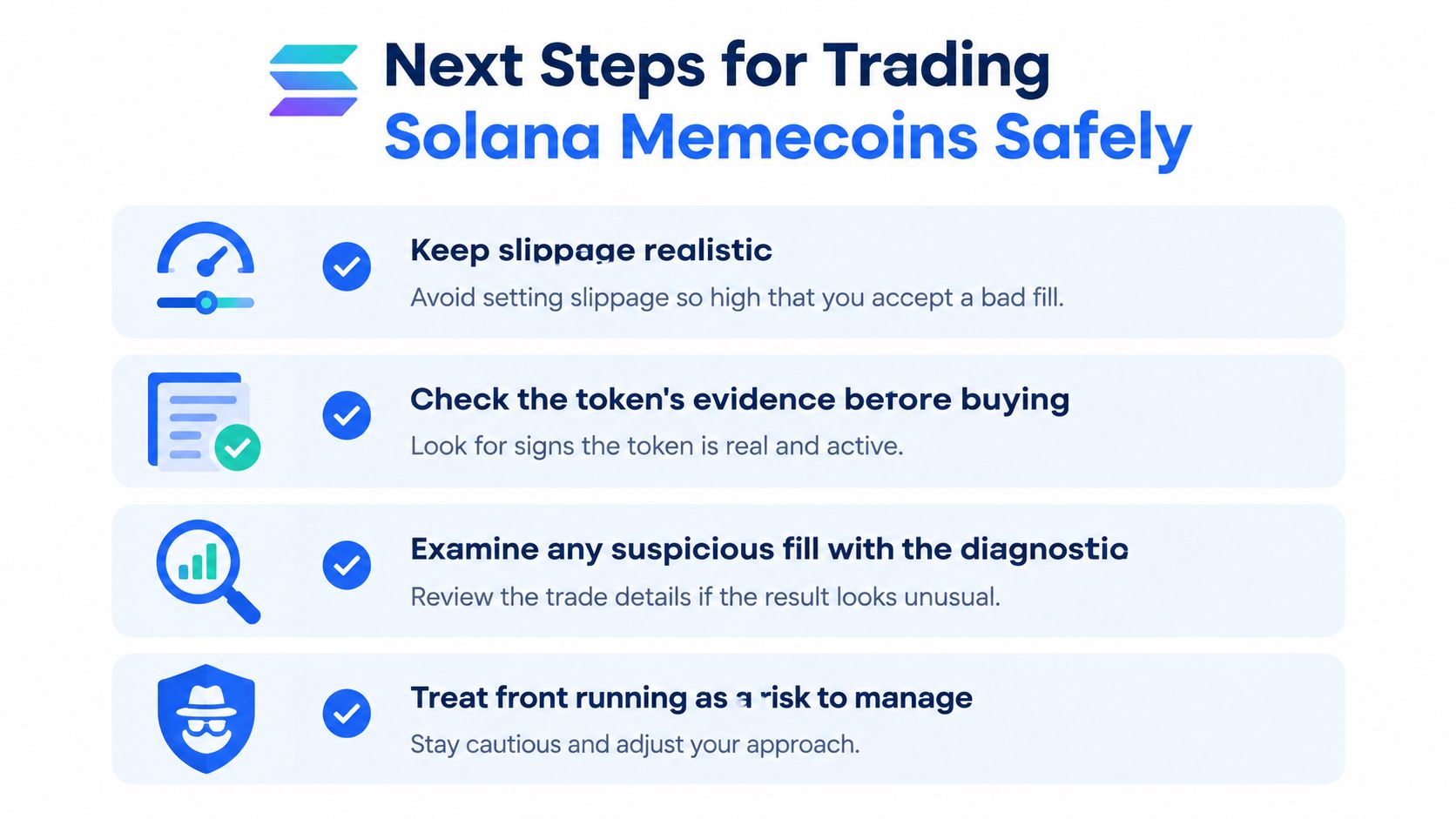 An infographic titled Next Steps for Trading Solana Memecoins Safely, listing tips for secure cryptocurrency trading.