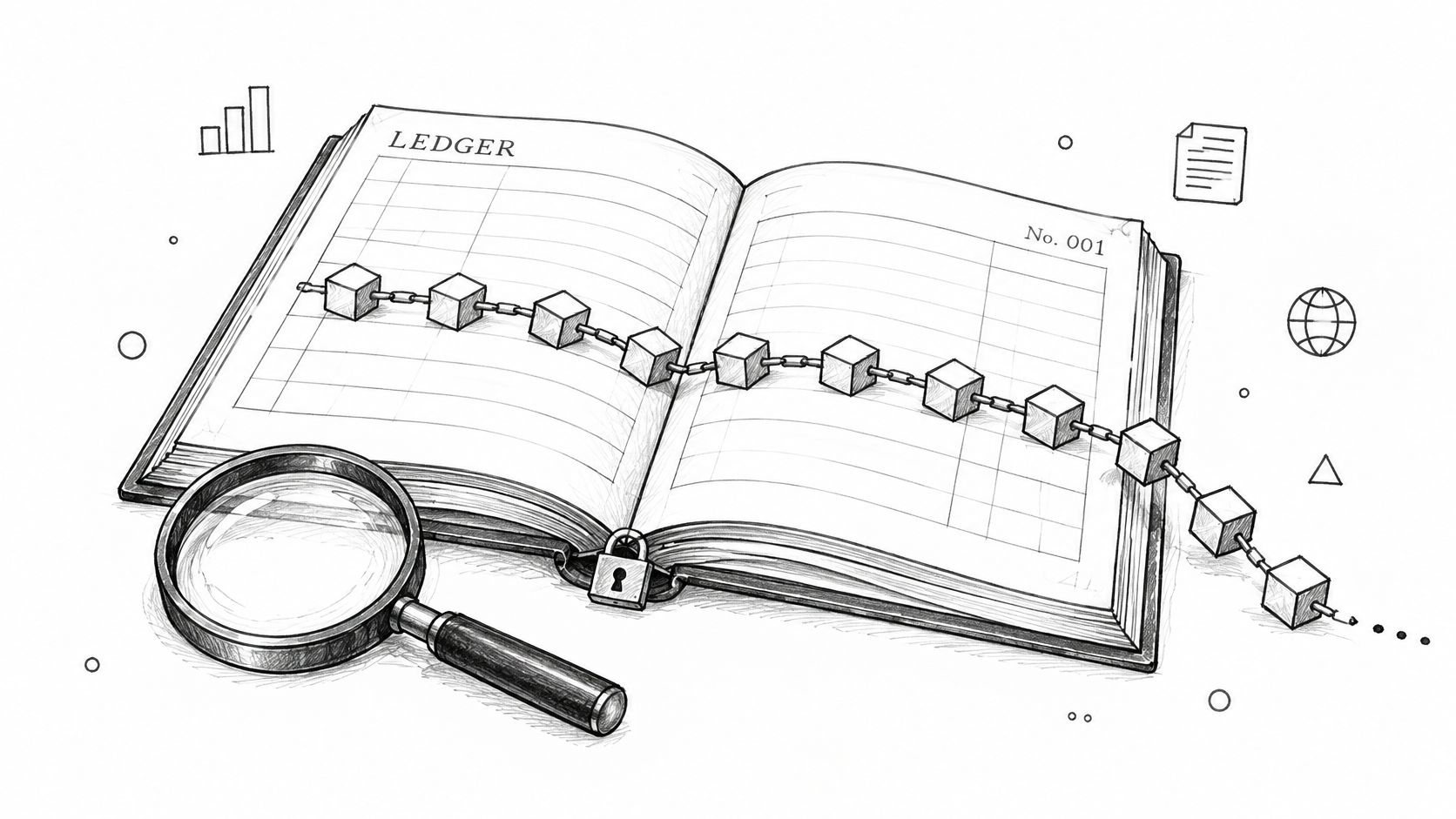 A conceptual line drawing of an open ledger book with a linked blockchain extending from its pages.