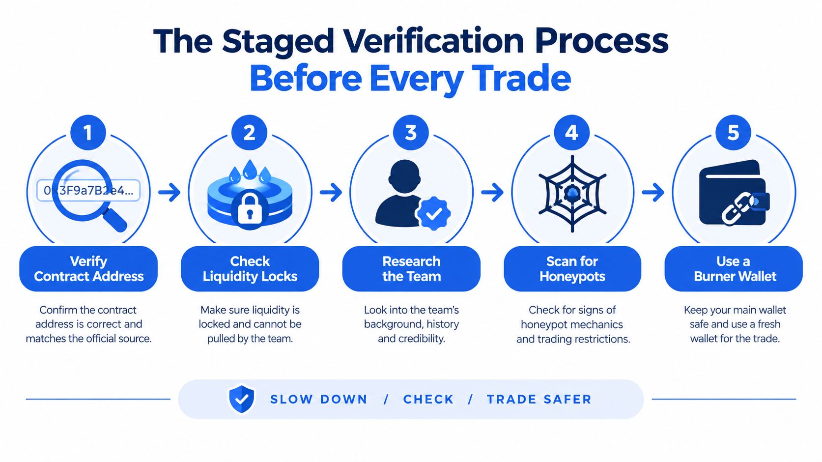 A five-step instructional infographic titled The Staged Verification Process to help investors avoid crypto scams.