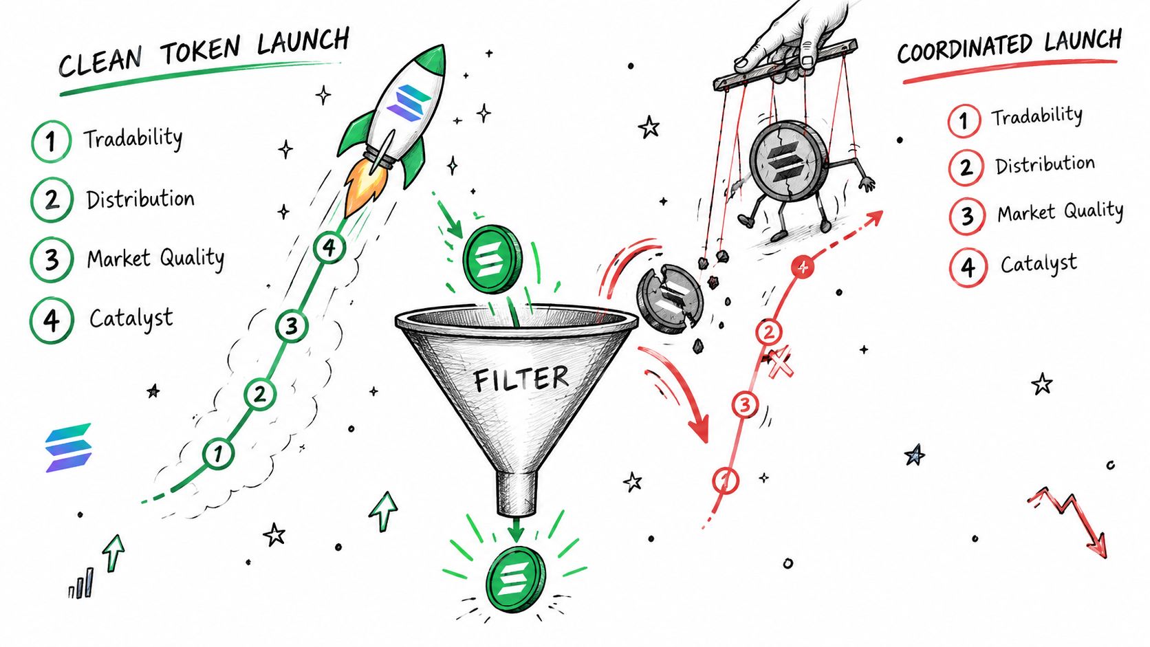 A hand-drawn illustration comparing a clean token launch versus a coordinated token launch process with a filter.