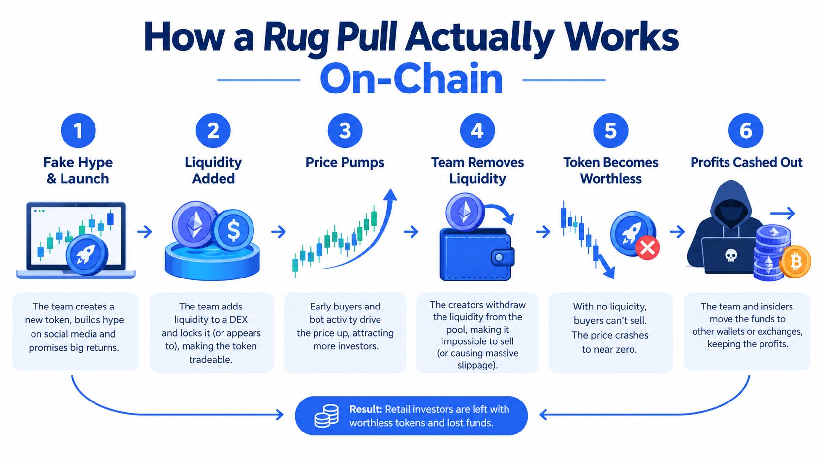 An infographic showing the six-step process of how a cryptocurrency rug pull scam works on-chain.