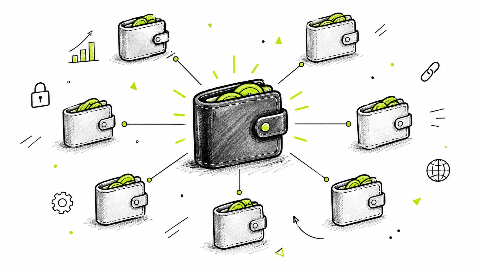 A digital illustration showing a central black wallet connected to multiple smaller silver wallets with green coins.