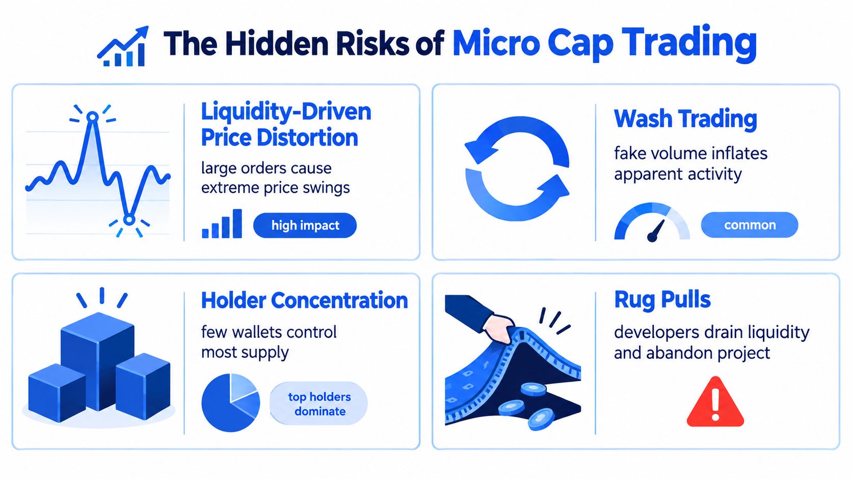 An infographic illustrating four major risks of micro cap trading: liquidity issues, wash trading, holder concentration, and rug pulls.