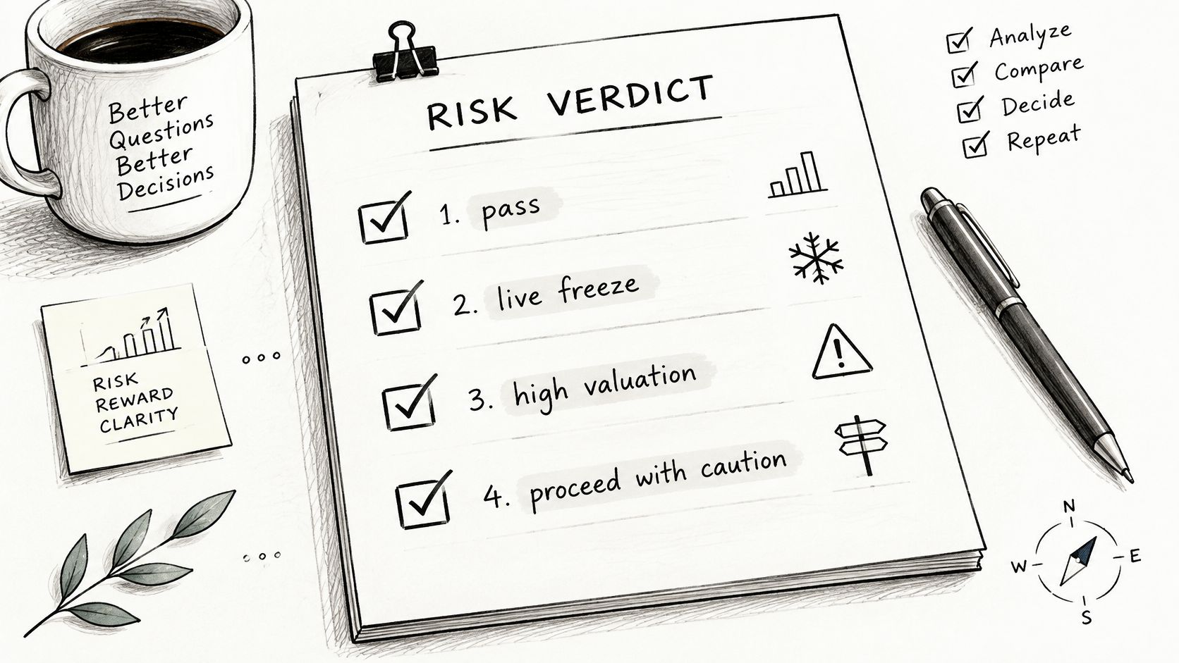 A notepad on a desk showing a risk verdict list with a coffee cup and a pen.