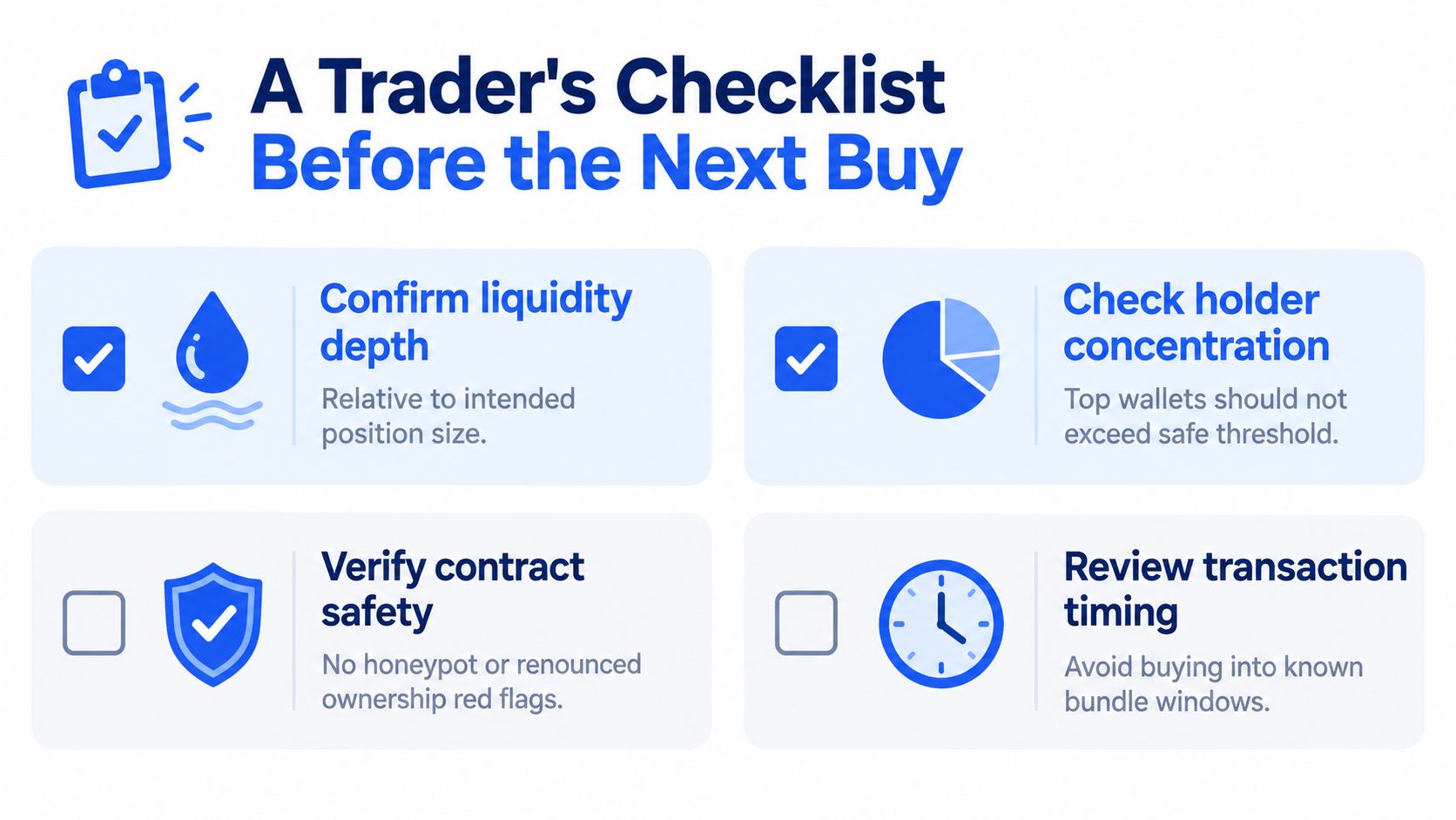 A checklist for crypto traders outlining four essential steps to perform before purchasing a new token.