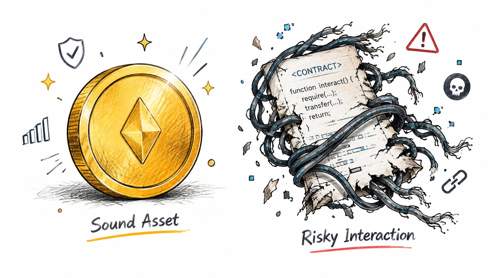 A conceptual illustration contrasting a secure golden Ethereum asset with a dangerous, tangled smart contract code interaction.