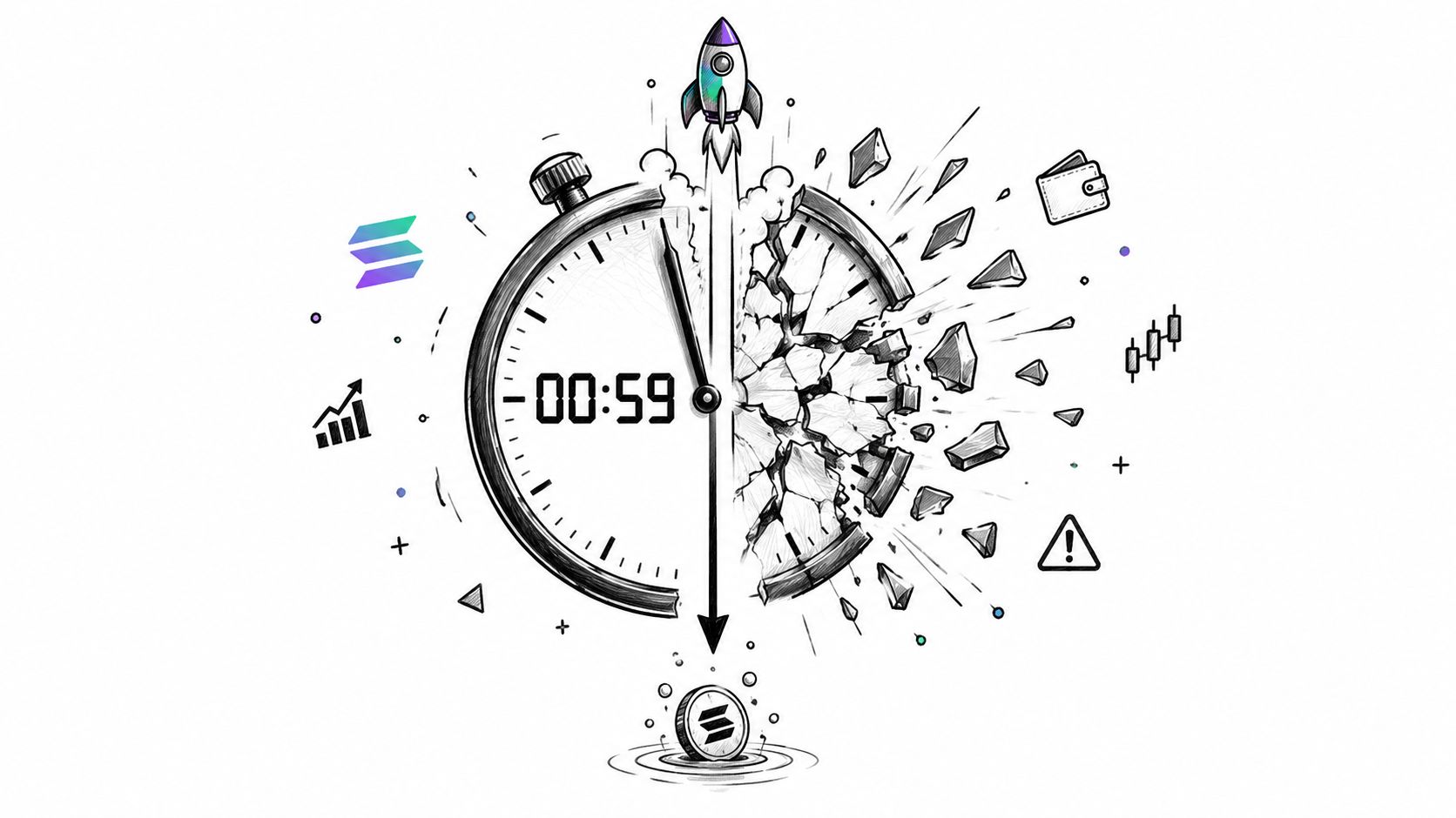 A digital illustration showing a clock countdown and a rocket, representing a cryptocurrency rug pull scenario.