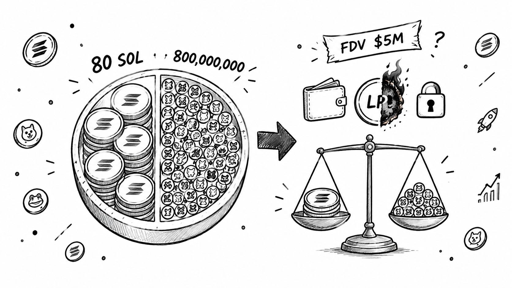 A hand-drawn illustration showing the process of adding 80 SOL and 800 million tokens to a liquidity pool.
